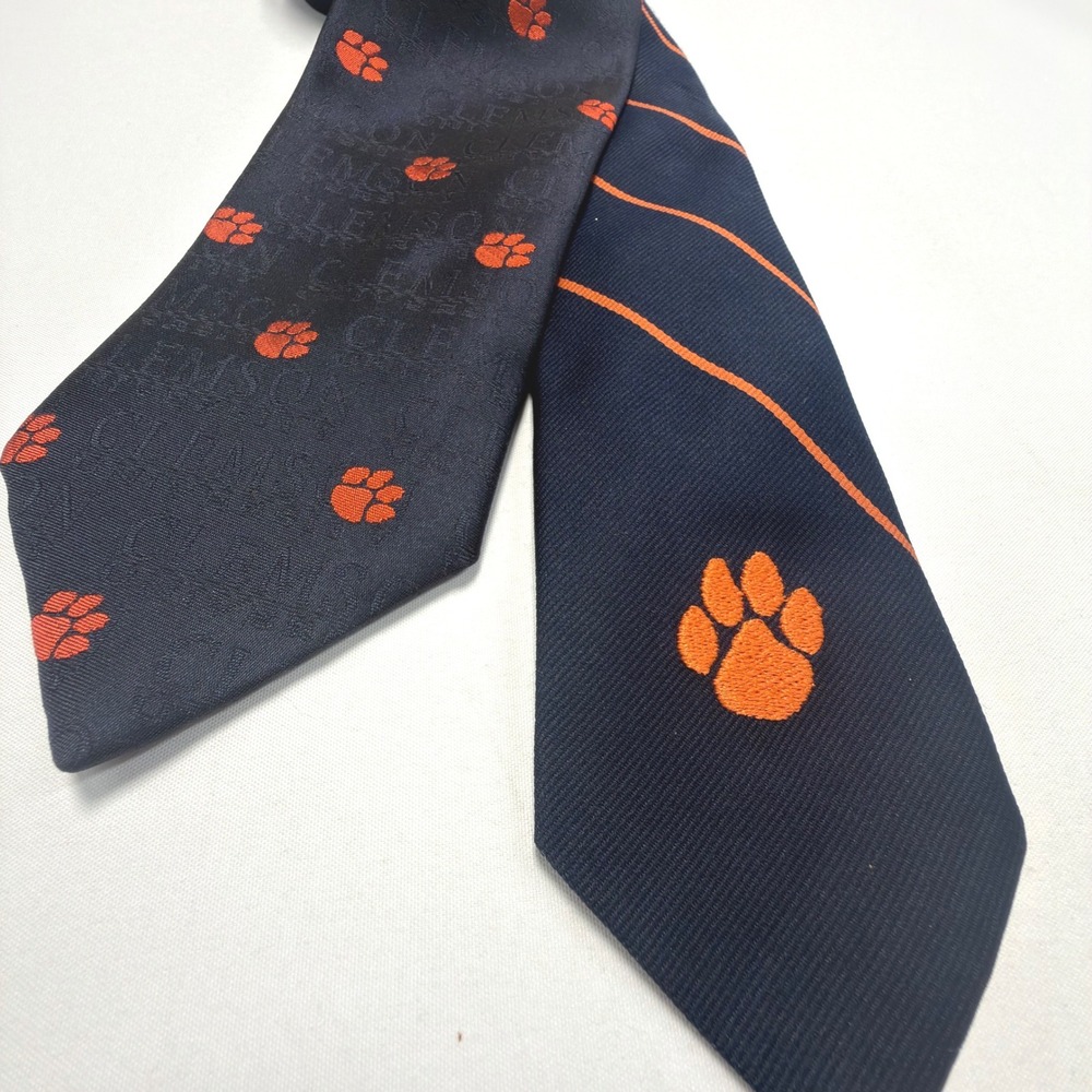 Lot of 2 Clemson Tigers Neck Ties RAM Tie Makers Navy Orange Silk Paw Logo NCAA